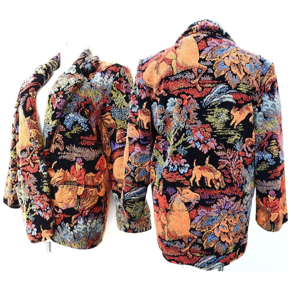 Vintage DonnyBrook "The Hunt" Equestrian Fox Fur Jacket Coat Forest Tapestry USA